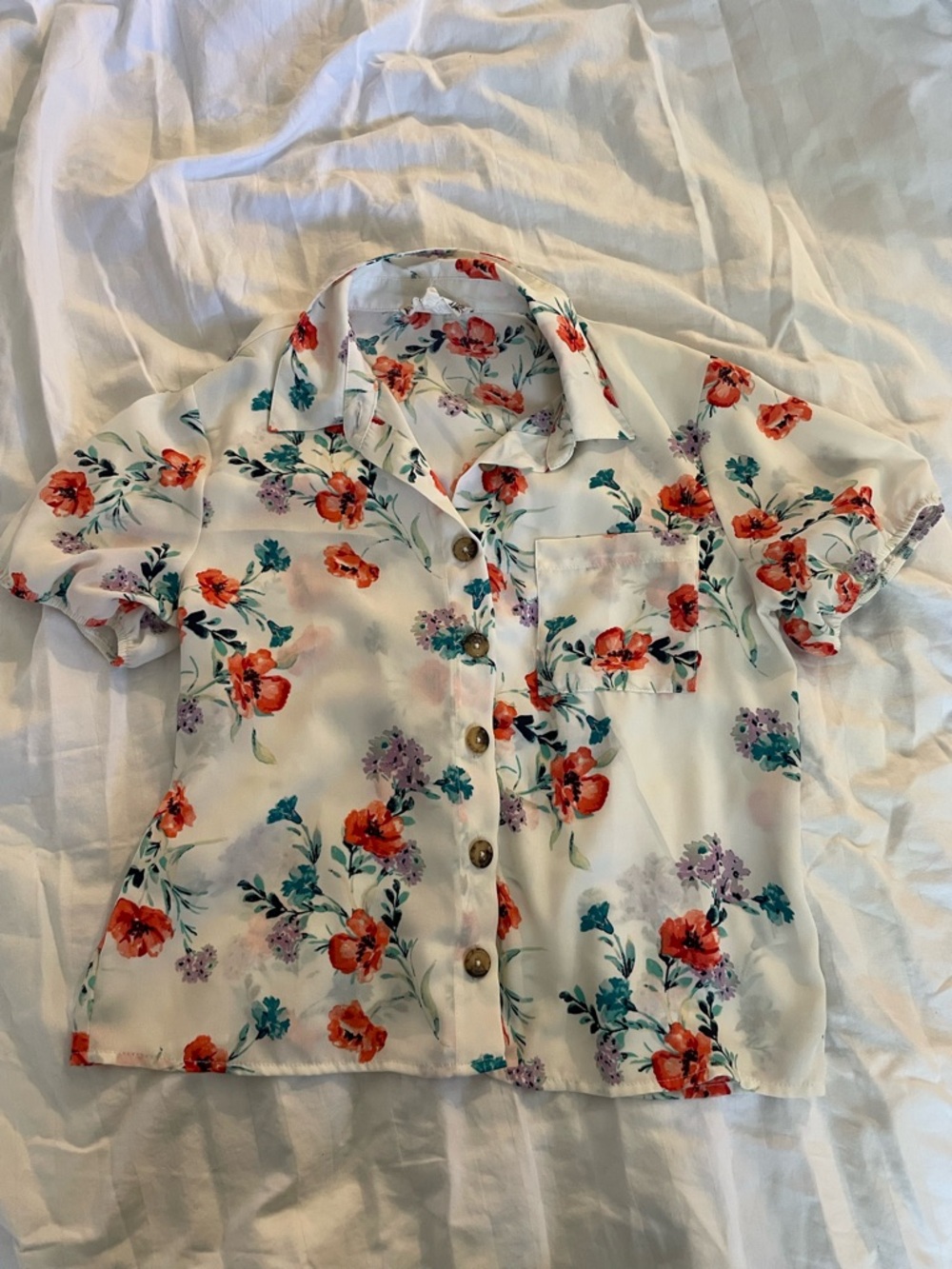 Floral Button-Front Short Sleeve Blouse - White with Orange & Teal Flowers